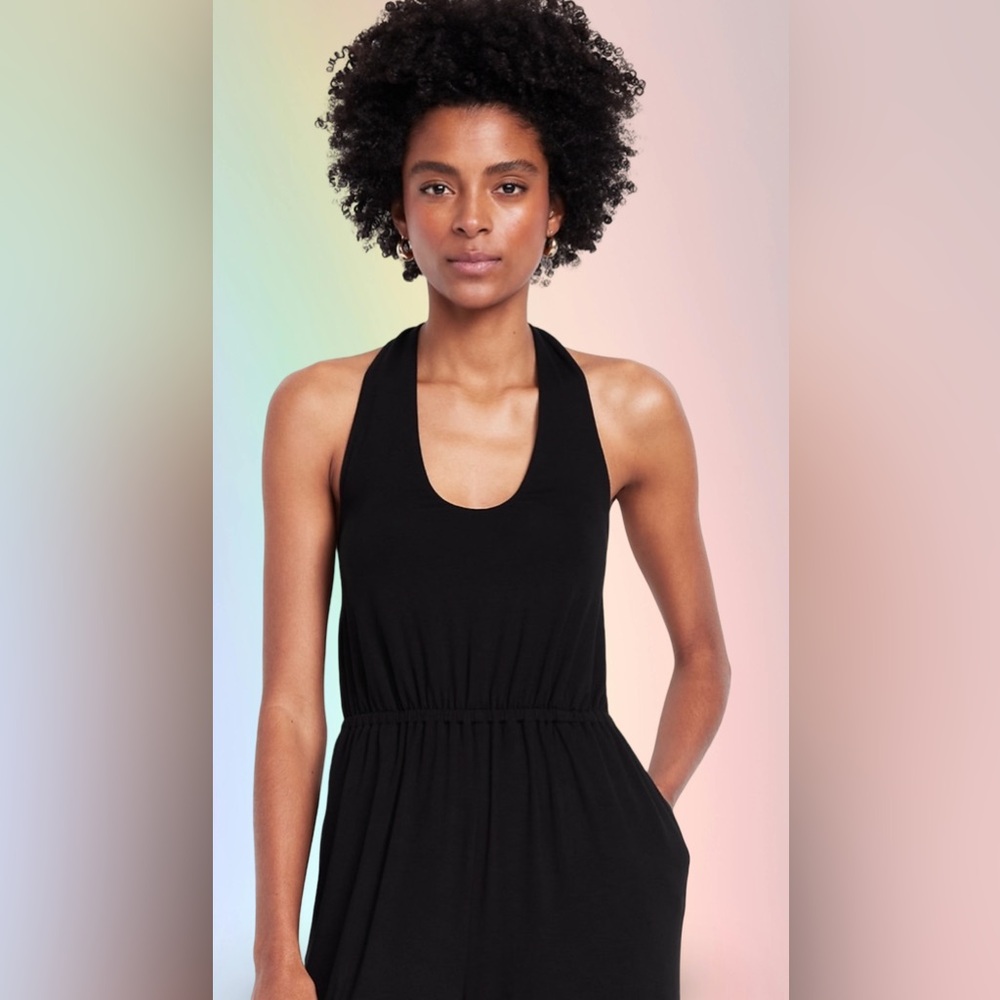 NWTS💓GAP OLD NAVY LG💓BLACK GREEK HALTER STYLE JUMPSUIT ELASTIC WAIST POCKETS - Picture 8 of 14